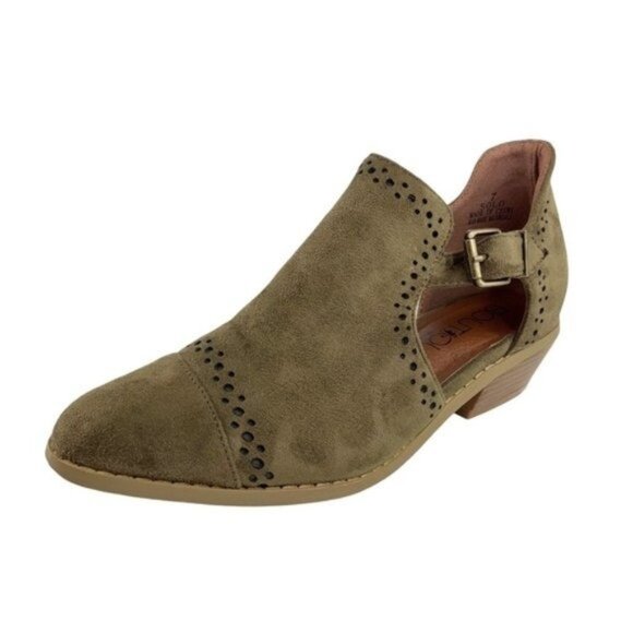 Corkys Shoes - Boutique by Corkys Caged Ankle Bootie Green Faux Suede Pointed Toe Perforated